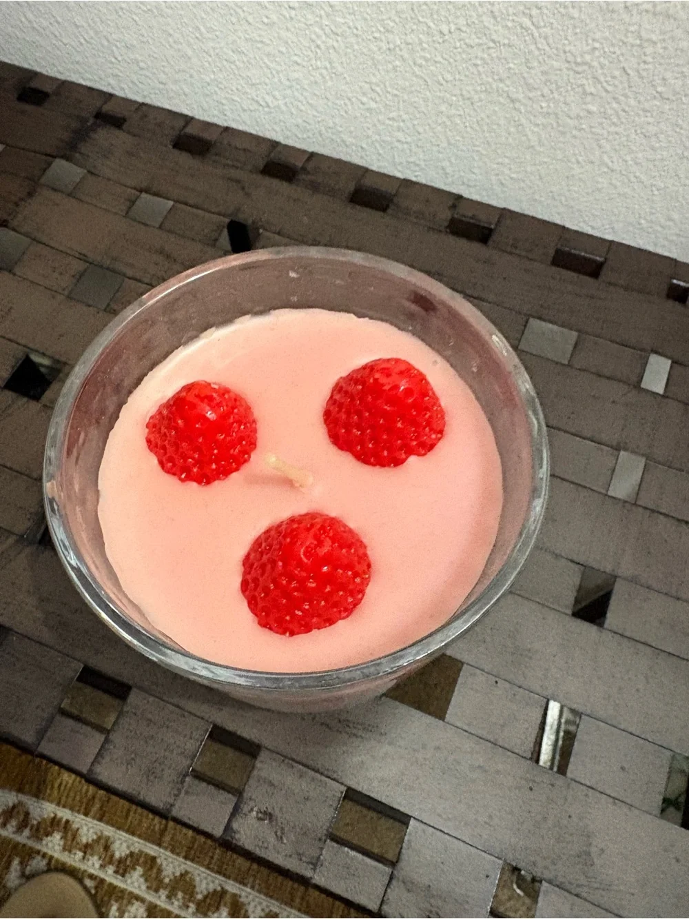Strawberry Parfait scented pink candle in parfait dish pink w/ red strawberries